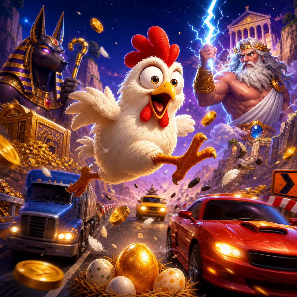 Promotional artwork for Chicken Road slot game featuring a playful chicken character on a busy highway with scattered feather