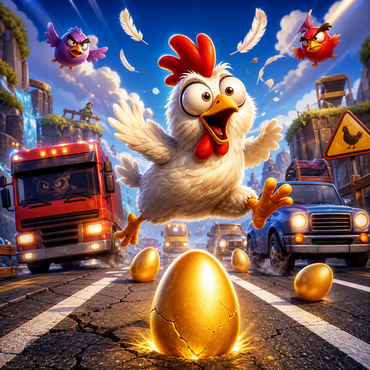 High-quality promotional artwork for Chicken Road slot game featuring a funny chicken character navigating playful danger on 